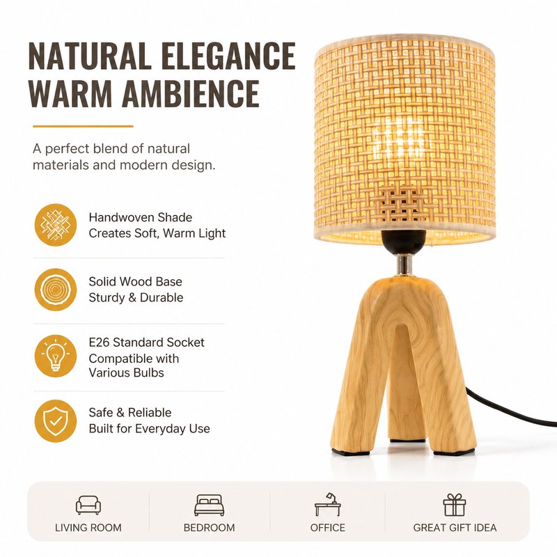 1780015109832-6-________________________________.jpg JiLian New Tricolor Wood Grain Tripod Ceramic Table Lamp - Woven Shade Sunset Retro Ambient Light - Image 1