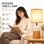 Modern Cream Beige & Orange Patchwork Table Lamp - Unique Ambient Ceramic Bedside Light - Image 2